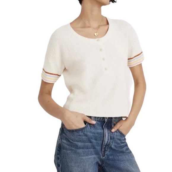 Madewell Henley Sweater Tee Top In Rainbow Stripe with button detail - Picture 1 of 8